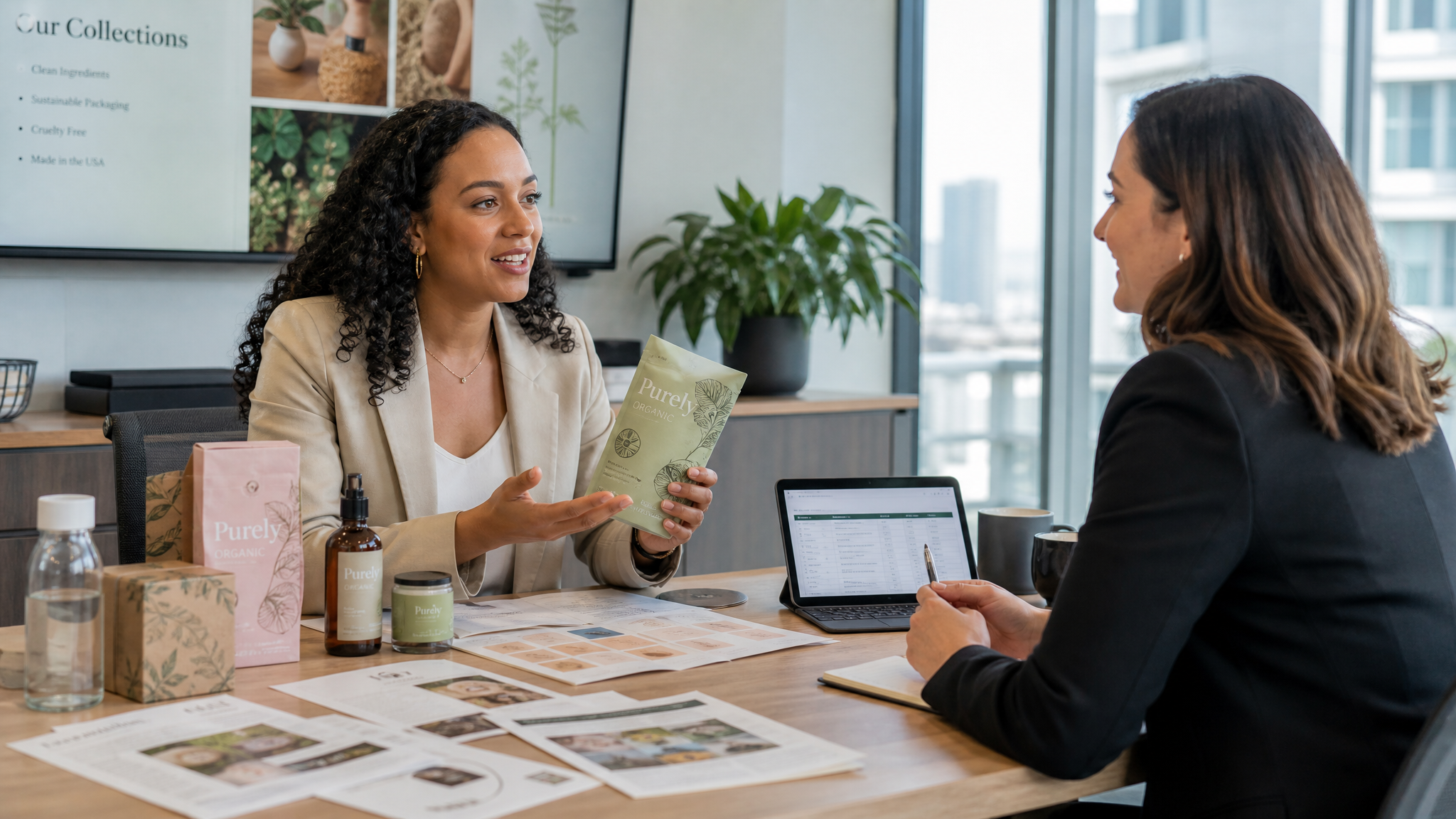 Productive buyer meeting with product samples in a modern office