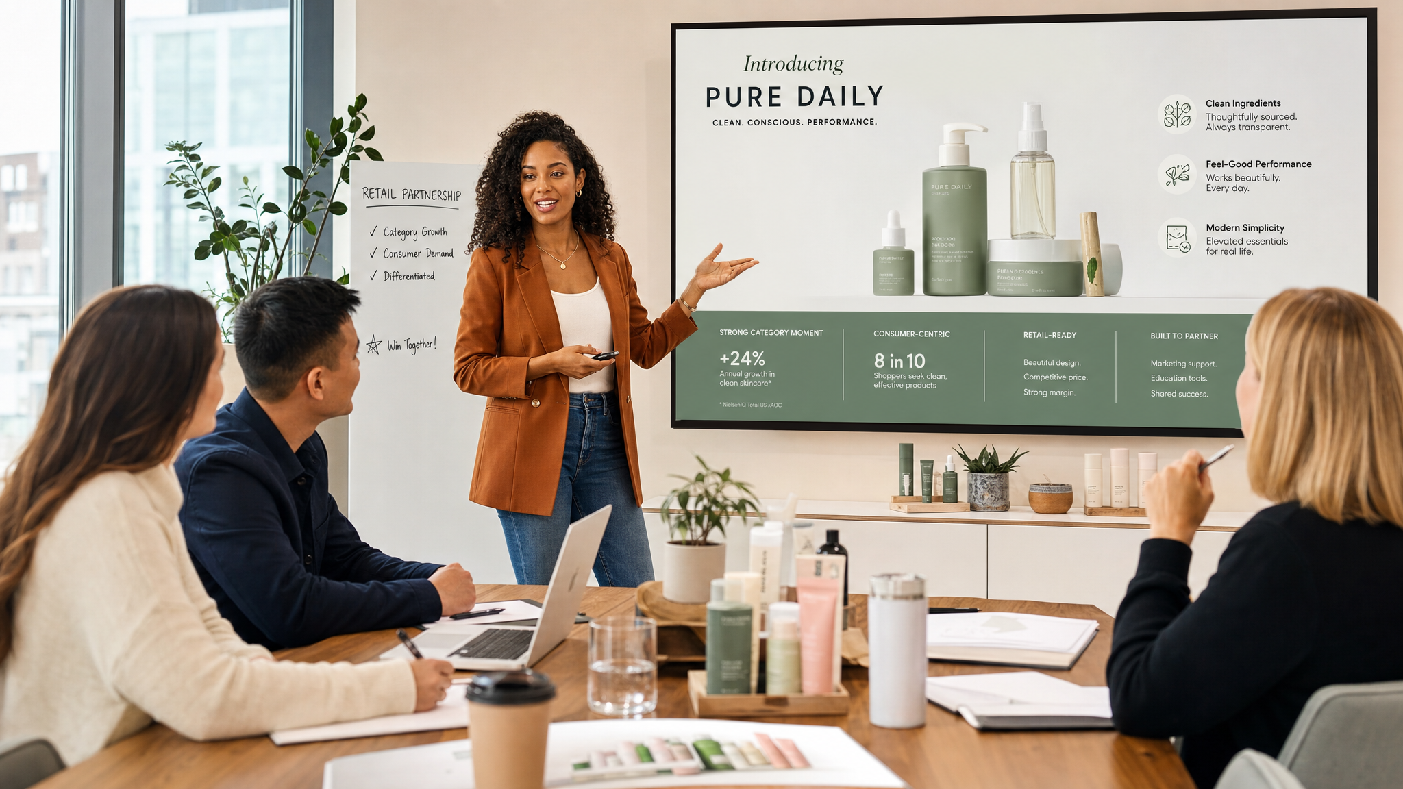 Professional presenting a pitch to retail buyers