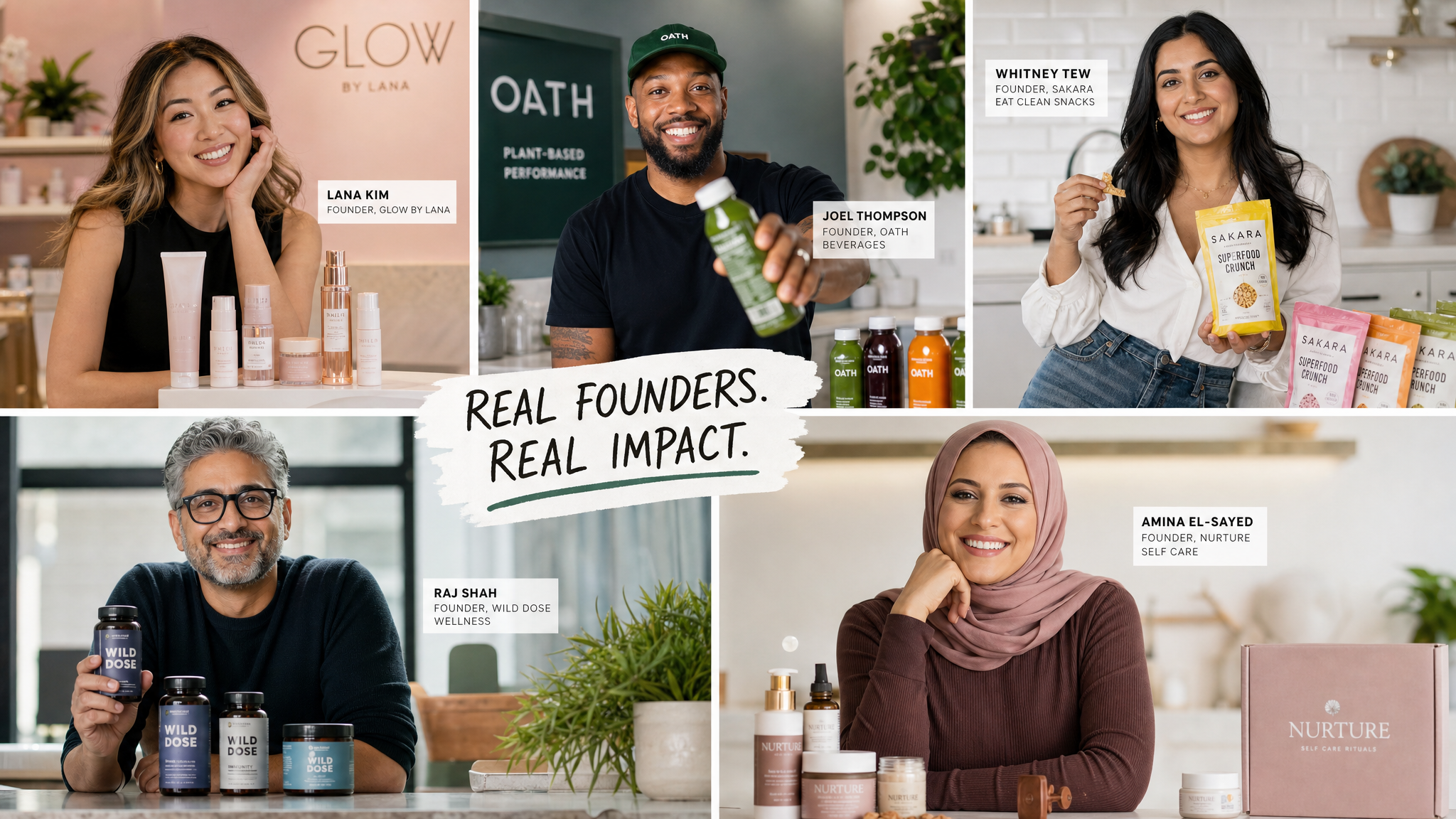 Diverse modern entrepreneurs and founders with their consumer products